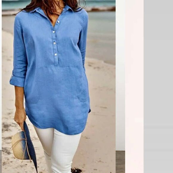 J. Jill Love Linen Tab-Sleeve 100% Linen Tunic Top Blue Ginger M - Picture 1 of 13